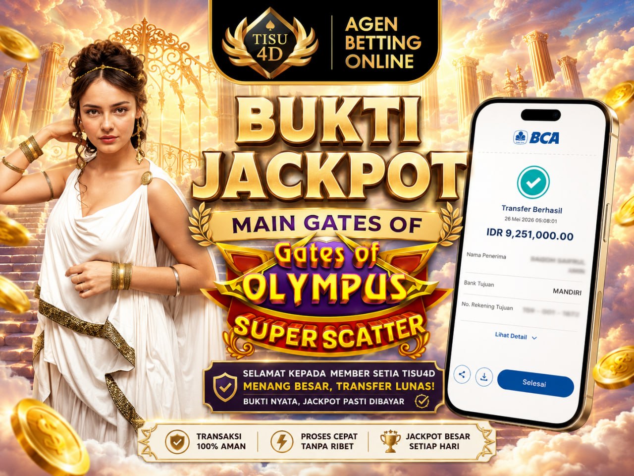BUKTI JACKPOT SUPER SCATTER ⚡🏆 Selamat kepada member setia TISU4D yang kembali meraih kemenangan besar dari permainan Gates of Olympus! 💰⚡