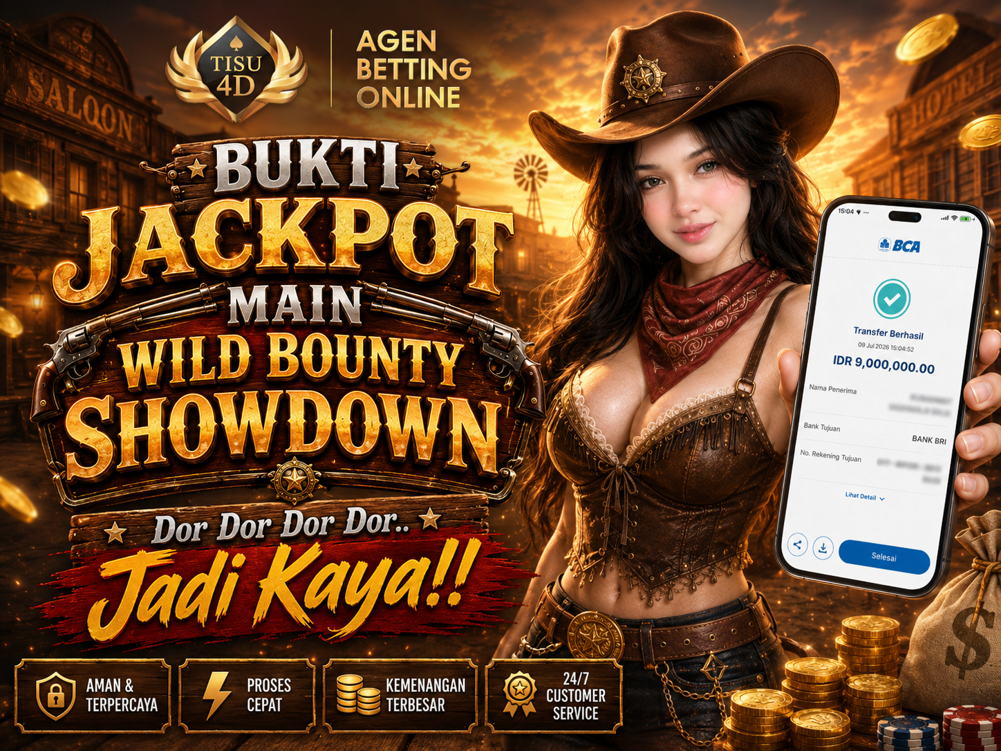 DOR DOR DOR... JADI KAYA BENERAN! 🤠💥 Bukti jackpot murni dari game Wild Bounty Showdown! Modal santai bisa bawa pulang Rp 9.000.000 langsung cair ke rekening bank tanpa ribet. 💰✨ Mau ngerasain sens