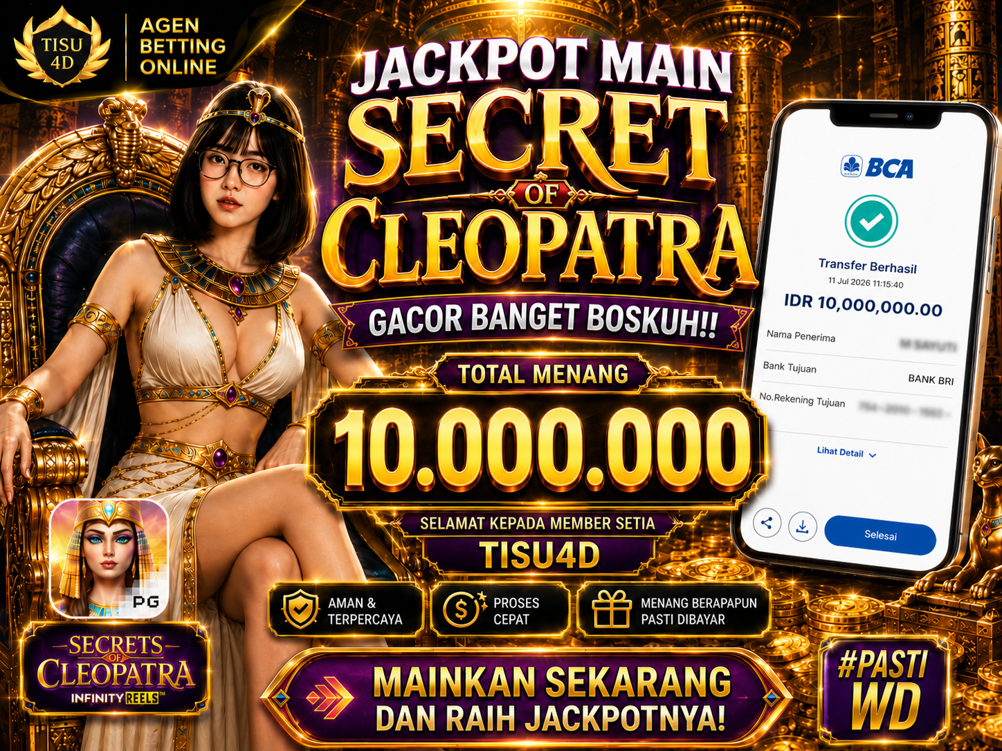 Banjir Jackpot 10 Juta Rupiah di Secrets of Cleopatra! Gacor banget bosku! Member setia TISU4D kembali bawa pulang kemenangan besar.
