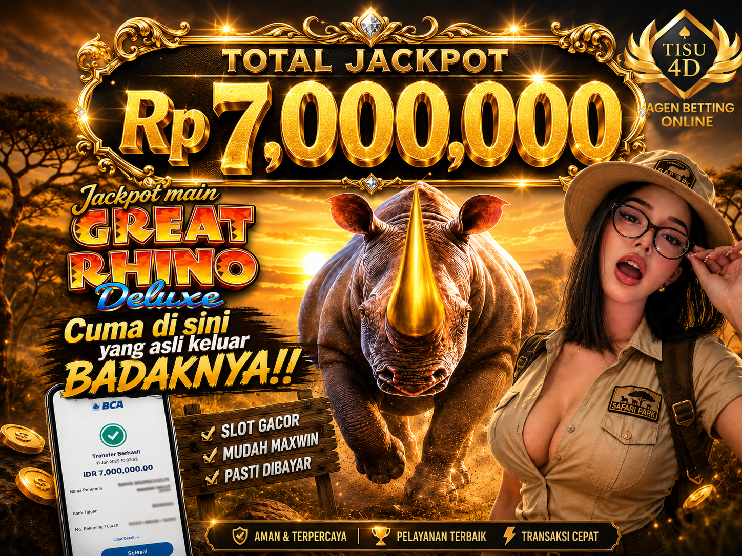 Great Rhino Deluxe Lagi Pecah Parah! Jackpot Rp 7 Juta Cair! Slot Gacor, Mudah Maxwin, dan Pasti Dibayar hanya di TISU4D.