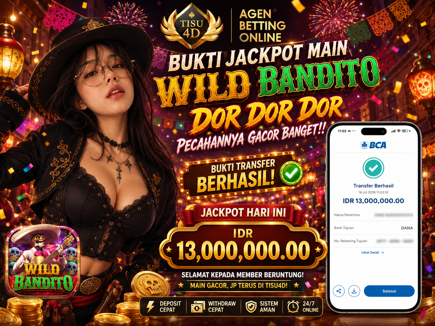 "BUKTI TRANSFER RP 13.000.000 NYATA, LANGSUNG CAIR TANPA RIBET! 💸⚡️ Selamat kepada member beruntung yang sudah berhasil mencairkan kemenangan manisnya di TISU4D! Kami menjamin proses transaksi super