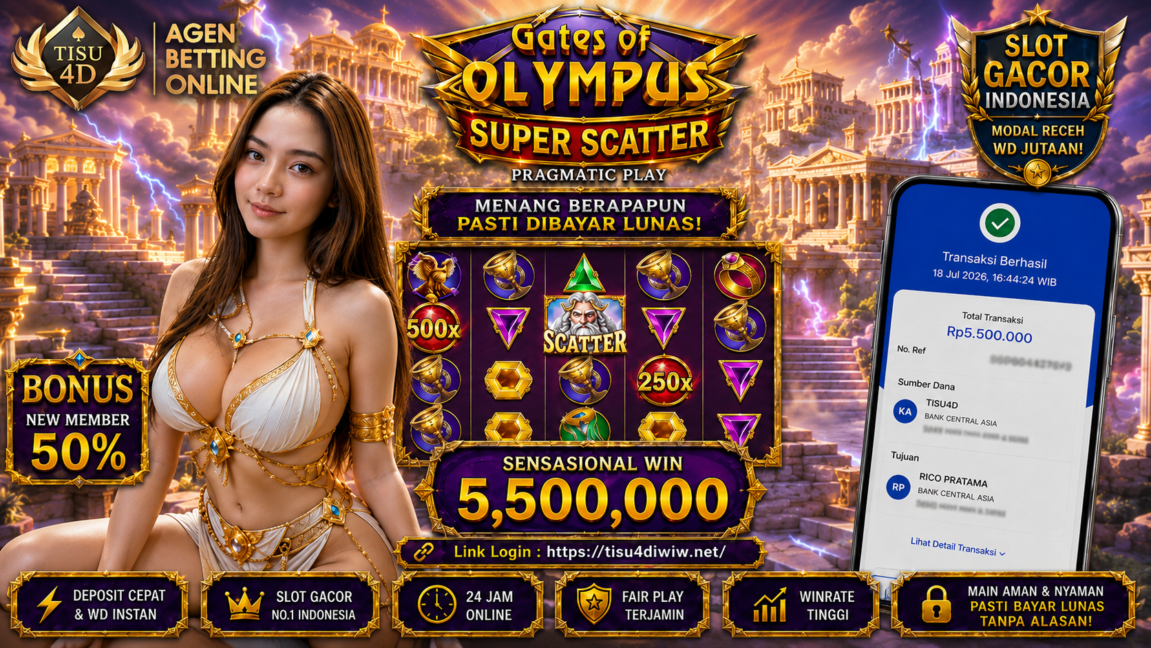 "BUKTI TRANSFER NYATA RP 5.500.000, LANGSUNG CAIR LUNAS TANPA ALASAN! 💸⚡️ Main aman dan nyaman hanya di TISU4D! Kami membuktikan komitmen nyata: menang berapapun pasti dibayar lunas