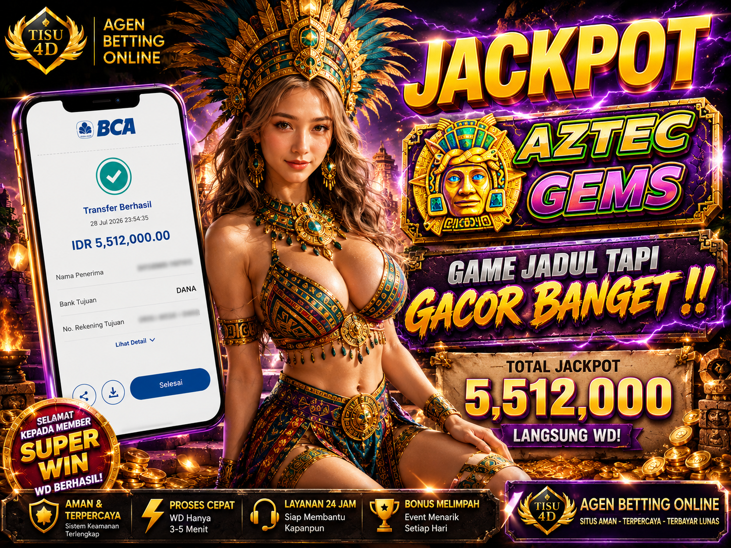 Bukan Omong Kosong, Bukti Nyata Jackpot Langsung Cair! 💥Hanya di TISU 4D, main Aztec Gems modal receh bisa bawa pulang IDR 5.512.000 langsung ke rekening DANA kamu!Proses kilat cuma 3-5 menit, aman,