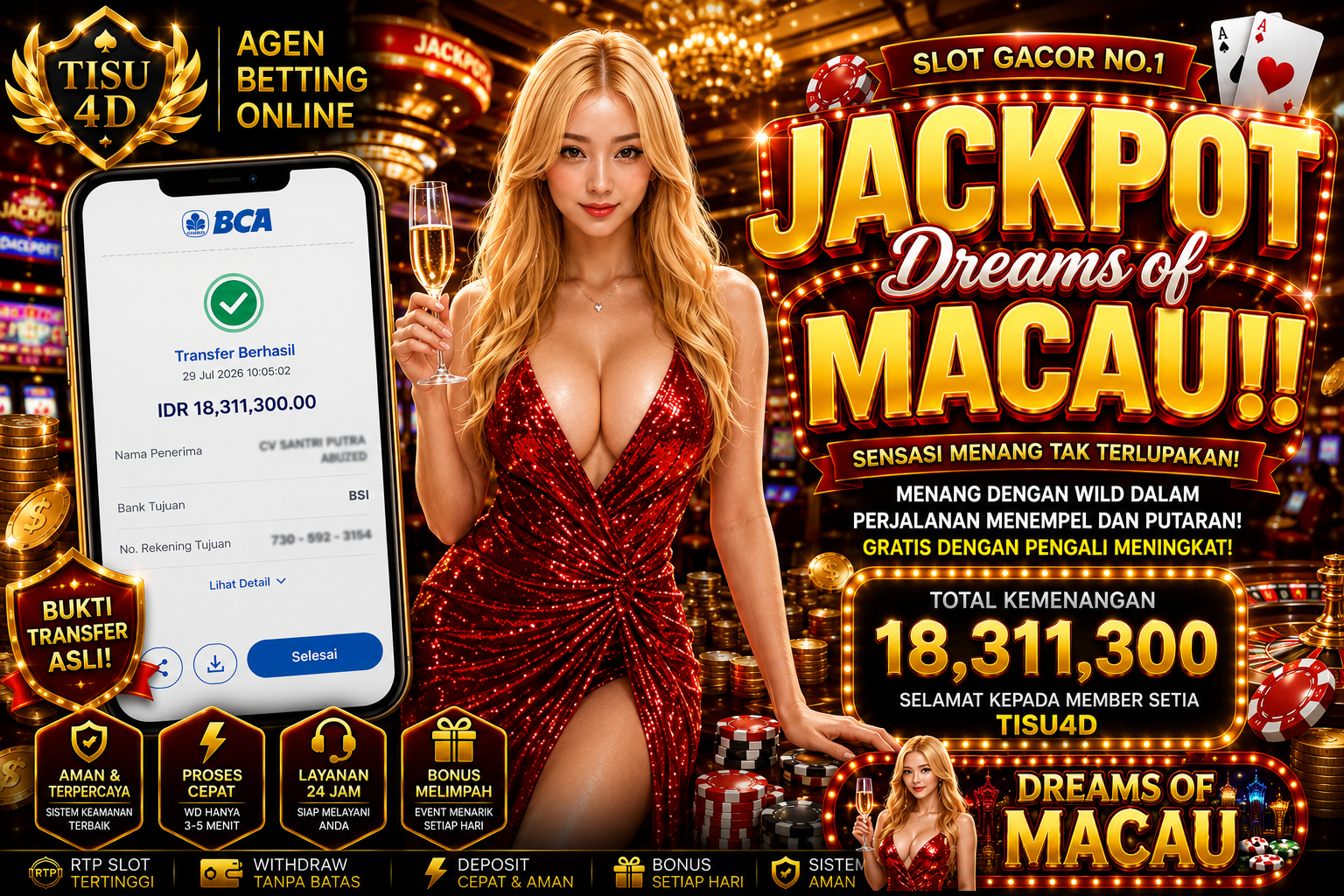 Bukan Mimpi, Ini Nyata! Jackpot IDR 18.311.300 Langsung Cair! 💥Selamat kepada member setia TISU 4D yang baru saja membawa pulang kemenangan besar dari game Dreams of Macau!Modal receh bisa jadi jutaa