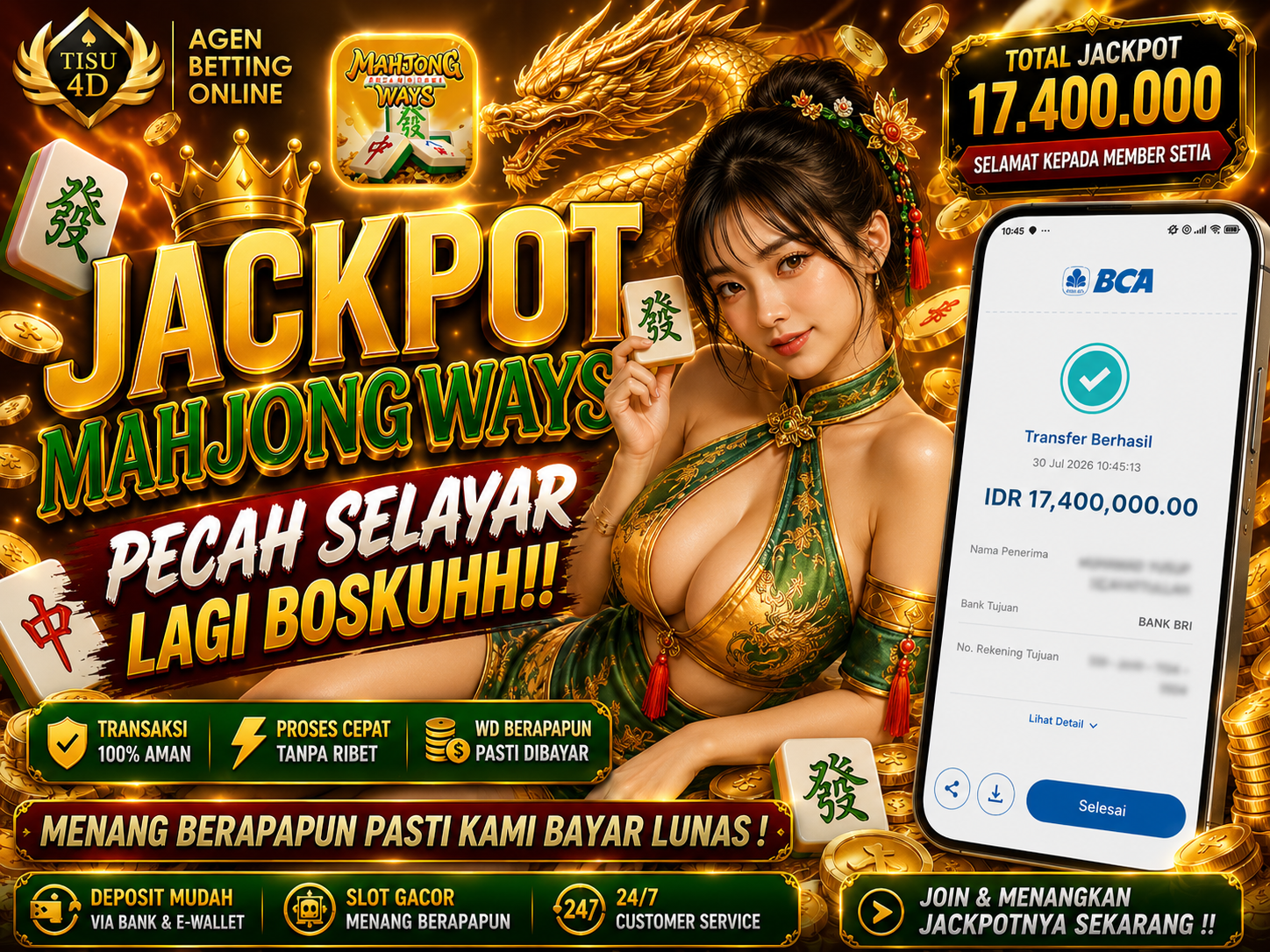 PECAH SELAYAR LAGI BOSKUHH!! JACKPOT MAHJONG WAYS MELEDAK! 💥🐉Gak ada lawan! Member setia TISU 4D baru aja nge-drop cuan gede senilai IDR 17.400.000 langsung cair ke rekening!Naga hijaunya lagi bagi-