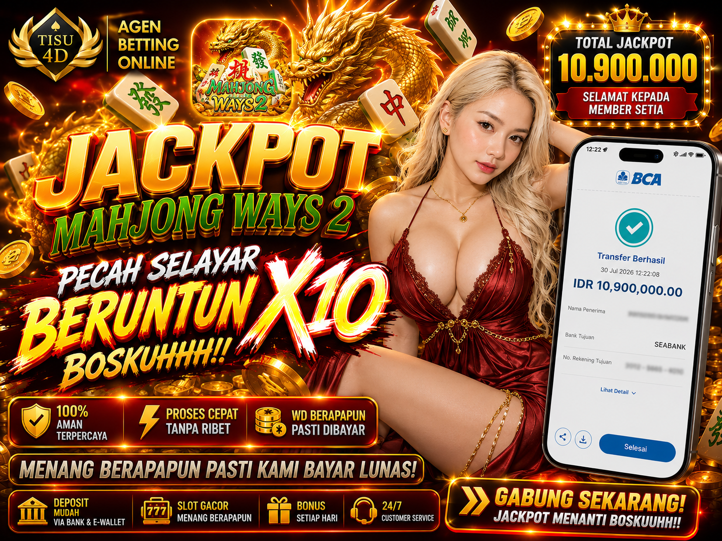 X10 BERUNTUN PECAH SELAYAR LAGI BOSKUHH!! 💥🐉Gak ada lawan! Member setia TISU 4D baru aja borong jackpot gila-gilaan senilai IDR 10.900.000 langsung cair ke rekening!Putaran gratis dan pengali naga e