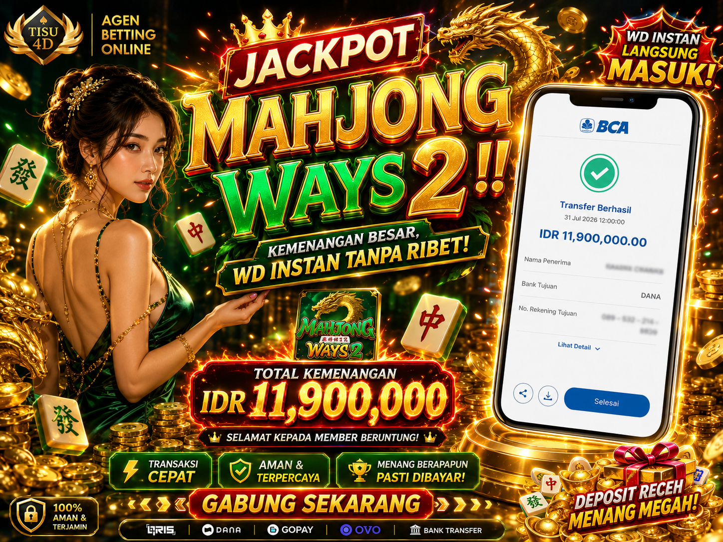 NAGA EMASNYA LAGI BERBAGI CUAN MELIMPAH BOSKUHH!! 💥🐉Gak pake lama! Member setia TISU 4D baru aja borong jackpot gila-gilaan senilai IDR 11.900.000 di Mahjong Ways 2!Modal receh bisa jadi jutaan rupi