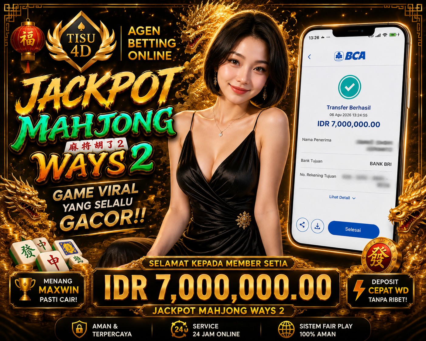 SELAMAT KEPADA MEMBER BERUNTUNG! 🎉 Berhasil membawa pulang IDR 7.000.000 hanya dari Mahjong Ways 2!