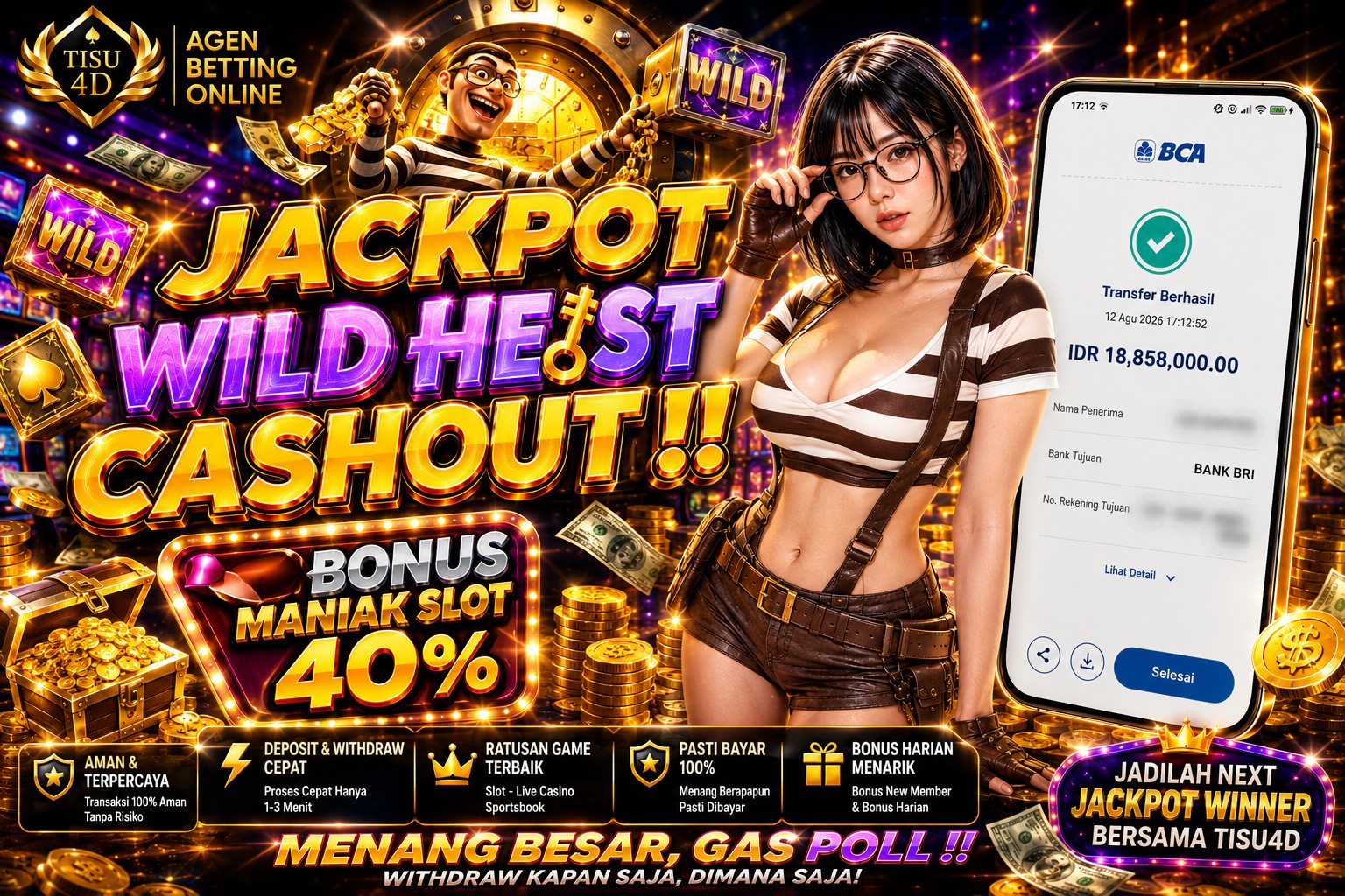 🔥 JACKPOT WILD HEIST CASHOUT!! 🔥 💰 MENANG BESAR, GAS POLL! 💰  ⚡ Sensasi permainan makin seru! 🎁 BONUS MANIAK SLOT 40% 🏆 Hadirkan momen kemenanganmu bersama TISU4D!  🚀 JANGAN CUMA LIHAT — SAATNY