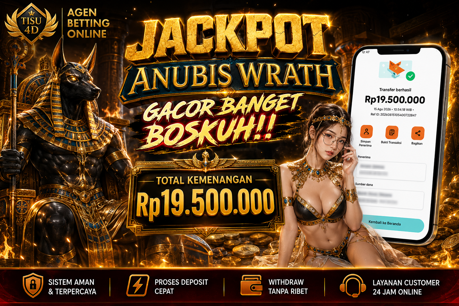 JACKPOT ANUBIS WRATH  GACOR BANGET! BOSKUHH!!  🔥 JACKPOT BESAR, SENSASI LUAR BIASA! 🔥  TOTAL KEMENANGAN Rp19.500.000  ✨ REZEKI EMAS HARI INI ✨  MAIN • MENANG • RAIH JACKPOT  ⚡ PROSES CEPAT 🛡️ SISTE