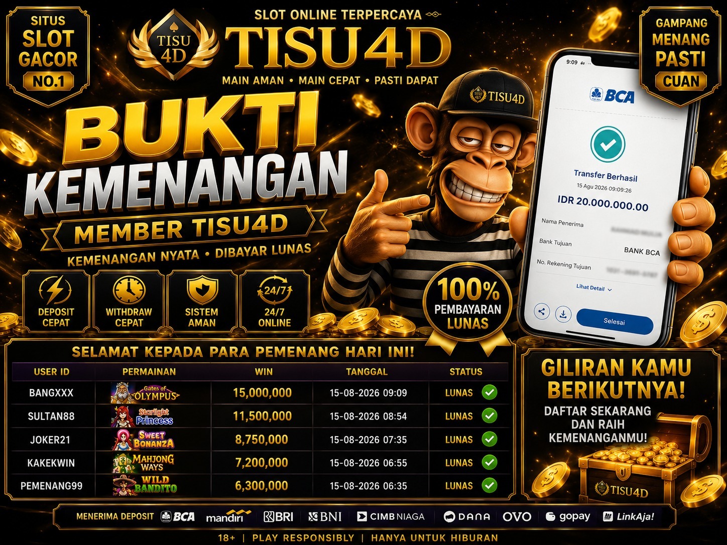 🏆 *BUKTI KEMENANGAN HARI INI!* 🏆  Saatnya tampil beda bersama *TISU4D* ✨ Nikmati pengalaman bermain dengan tampilan premium, cepat, nyaman, dan tetap utamakan permainan secara bertanggung jawab.  💰