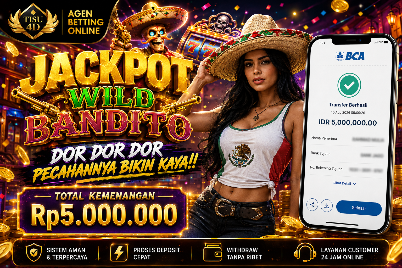 JACKPOT WILD BANDITO  🔥 DOR DOR DOR! 🔥 💰 PECAHANNYA BIKIN KAYA! 💰  JACKPOT WILD BANDITO  Sensasi permainan penuh aksi, hadiah besar menanti!  🏆 TOTAL KEMENANGAN  Rp5.000.000  ⚡ MAIN SERU • MENANG