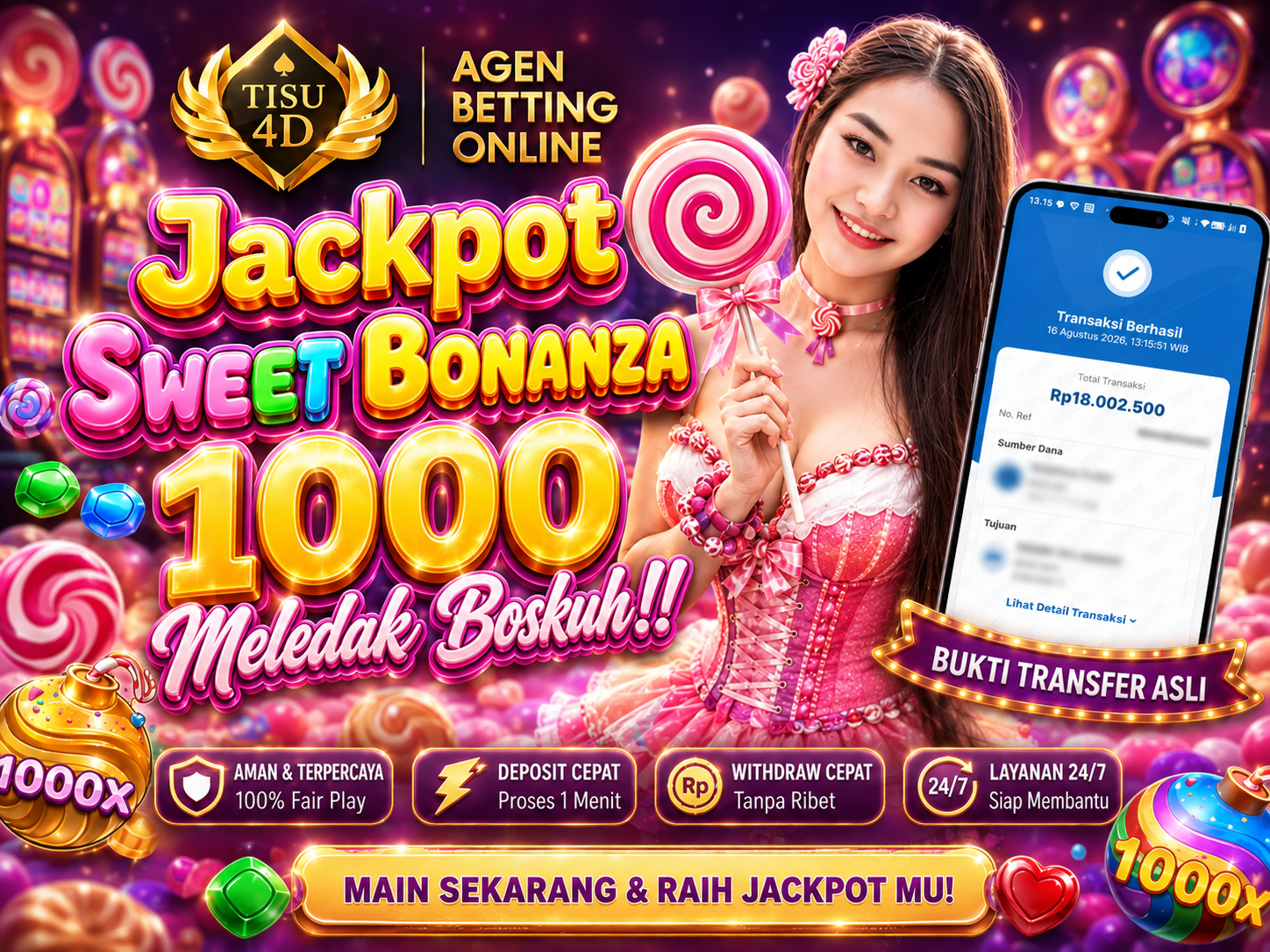 PECAH 1000X! Manisnya Sweet Bonanza Bikin Auto Cuan Melimpah!   Siapa bilang cari jackpot itu susah? Lihat nih bukti nyata kemenangan manis di Sweet Bonanza sampai tembus perkalian 1000X! Dana belasan