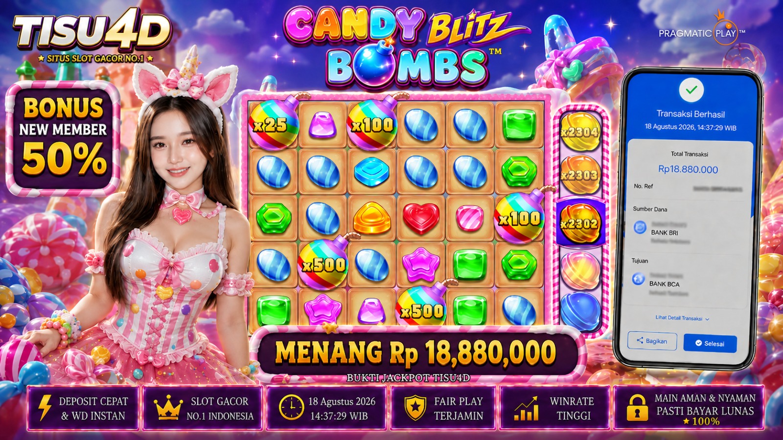 🍬 CANDY BLITZ BOMBS LAGI NGE-BLAST! 💣 Jackpot Rp18,88 Juta bikin suasana makin panas! 🔥 🎁 Bonus New Member 50% ✨ Saatnya rasakan keseruan Candy Blitz Bombs bersama TISU4D!