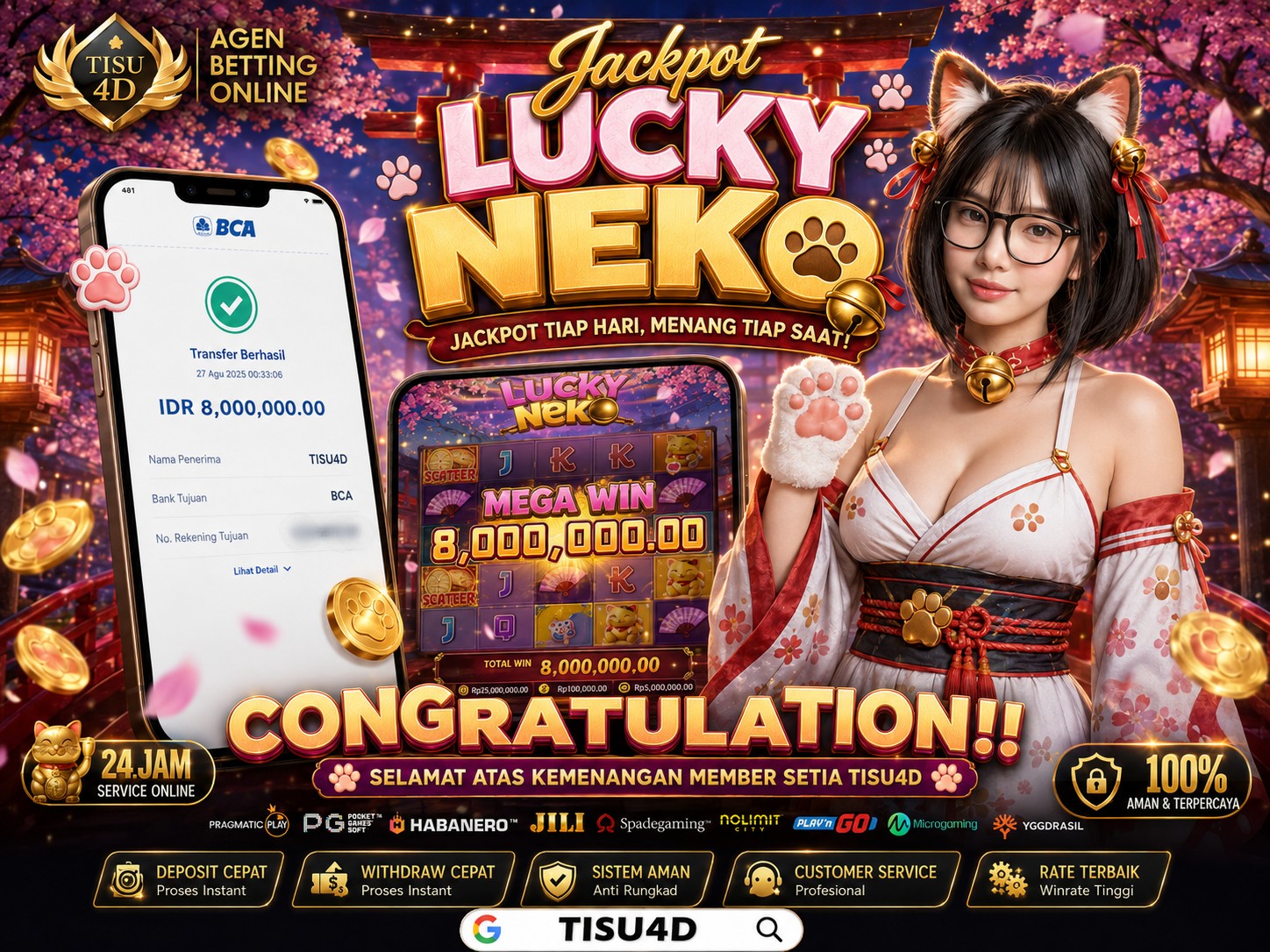 🐱🔥 JACKPOT LUCKY NEKO CUMA DI TISU4D! 🔥🐱  💰 LUCKY NEKO LAGI BERBURU JACKPOT! Spin makin seru, momen kemenangan makin bikin deg-degan! ✨