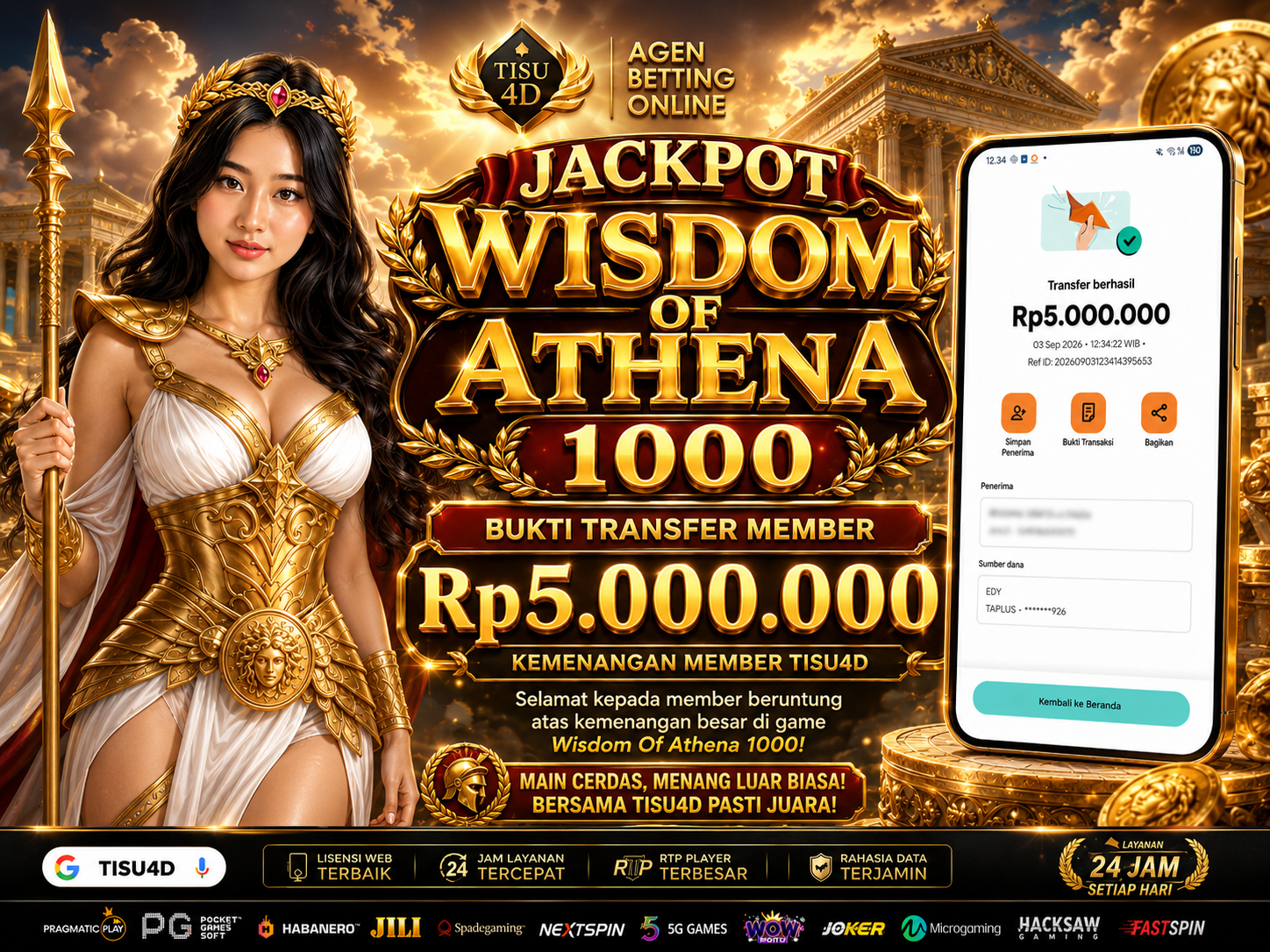 🔥 JACKPOT WISDOM OF ATHENA 1000 🔥 💰 RP5.000.000 CAIR! 💰 Sekali kemenangan, langsung bikin dompet tersenyum! Selamat untuk member beruntung yang berhasil meraih jackpot besar! 🎉