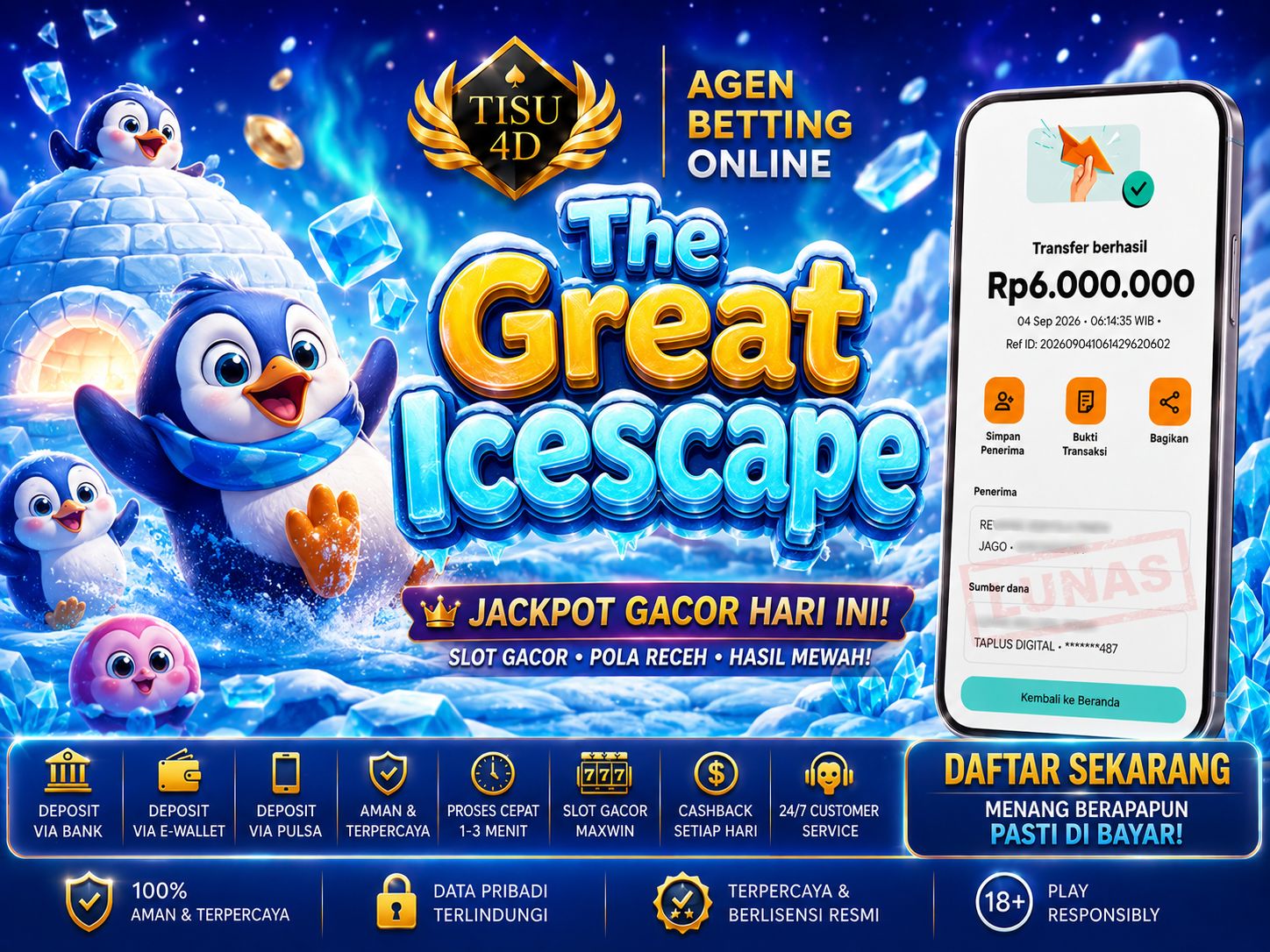 🧊 Sensasi Dingin Jackpot Membekukan! Member TISU4D Sukses Bobol Maxwin Rp 6.000.000 di The Great Icescape! 🐧