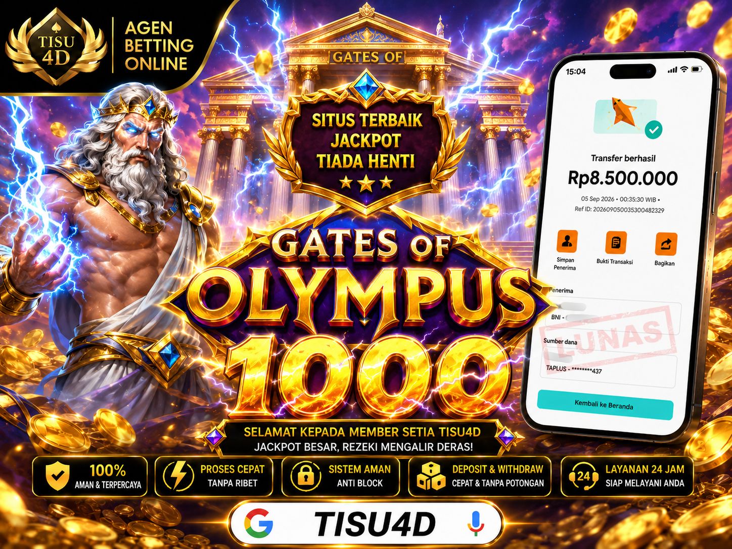 ⚡️ SELAMAT KEPADA MEMBER SETIA TISU4D! PETIR KAKEK ZEUS MENYAMBAR MAXWIN GATES OF OLYMPUS 1000 SEBESAR 8,5 JUTA! 💥💰