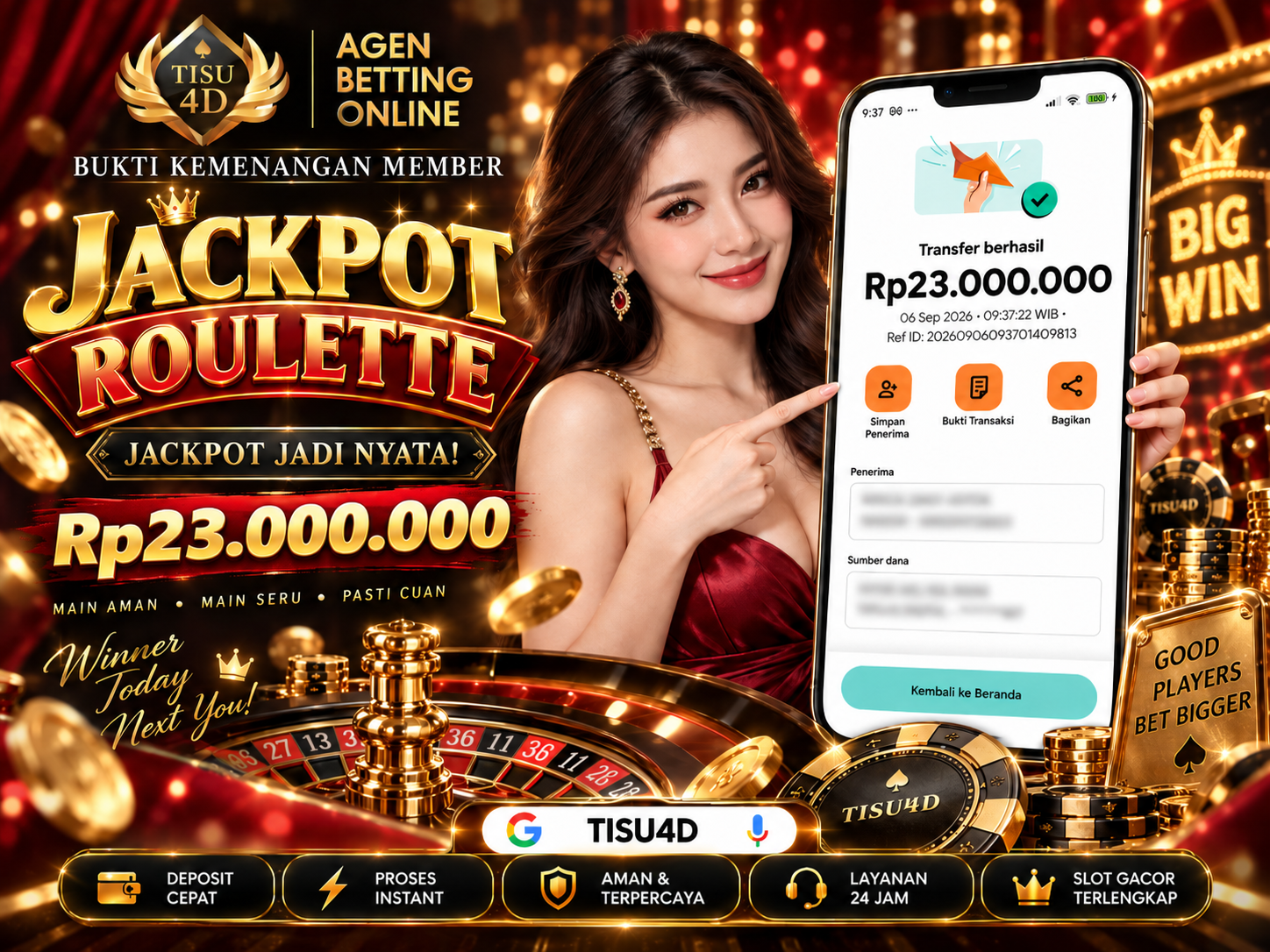 JACKPOT ROULETTE, SENSASI MENANGNYA BIKIN TERPESONA! 🎰 Putar keberuntunganmu dan rasakan serunya permainan roulette di TISU4D. JACKPOT BESAR, MOMEN MENANG MAKIN BERKESAN! ✨ Main Seru • Proses Cepat •