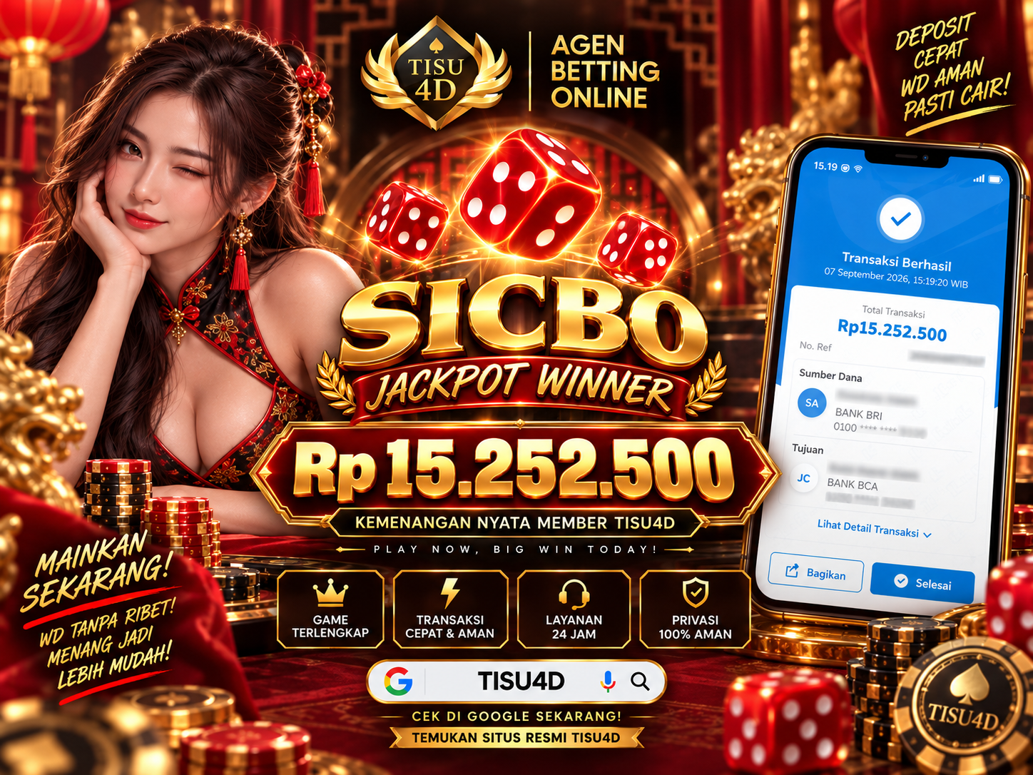 Selamat kepada member setia kami yang baru saja menarik kemenangan Rp 15.250.000 dari permainan Sicbo Live Casino! langsung mendarat tanpa ribet!Kenapa harus main di sini? ✅ 100% Fair Play & Tanpa Tip