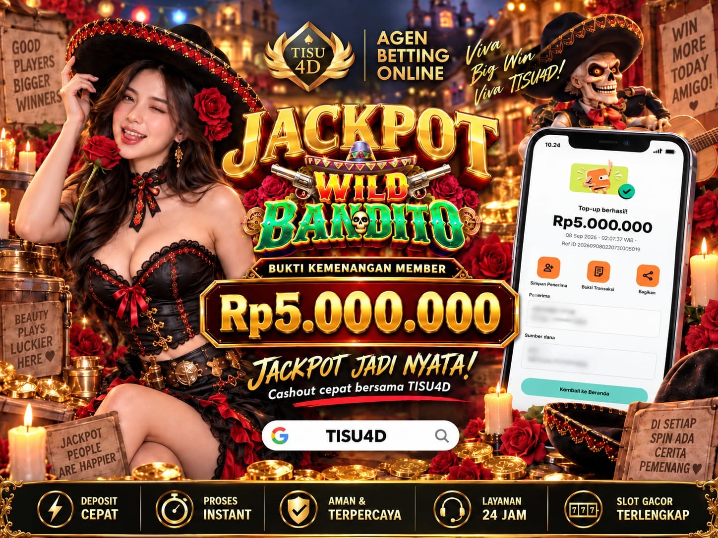 🔥 JACKPOT WILD BANDITO LAGI MENGAMUK DI TISU4D! 🔥 🤠💰 Wild Bandito, kejutan makin liar dan sensasi jackpot makin menggoda! Siap kejar keberuntunganmu hanya di TISU4D! 🎰✨