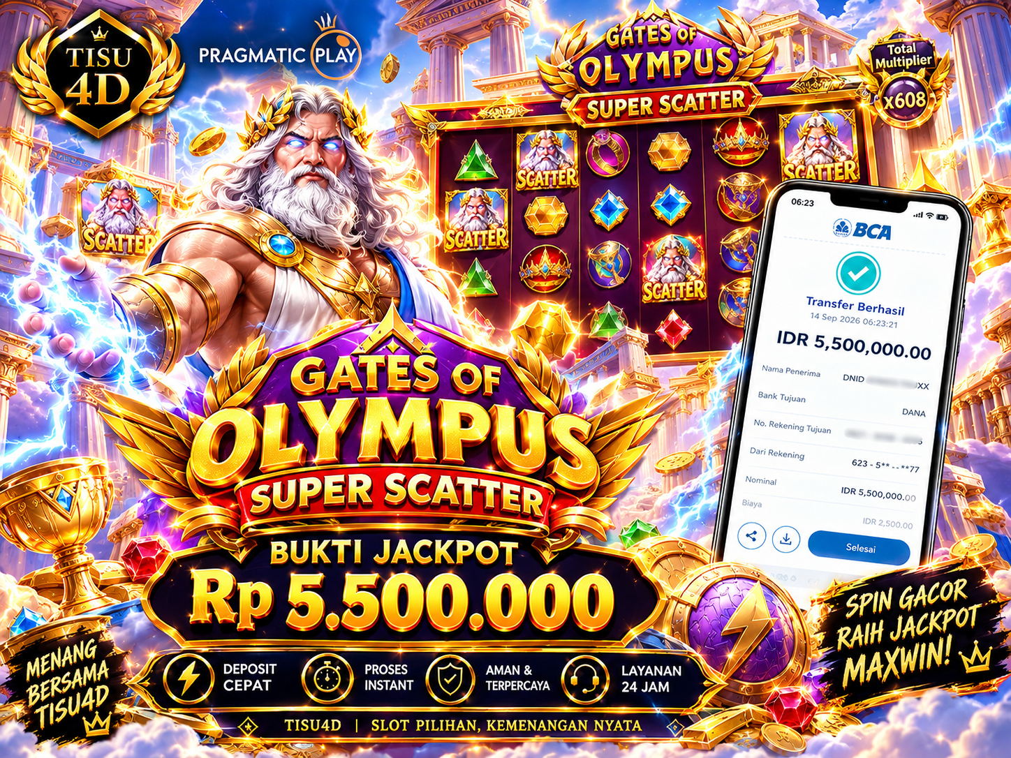 ⚡️ SAMBARAN MULTIPLIER x608 MELEDAK! GATES OF OLYMPUS SUPER SCATTER CAIRKAN 5,5 JUTA! ⚡️💰