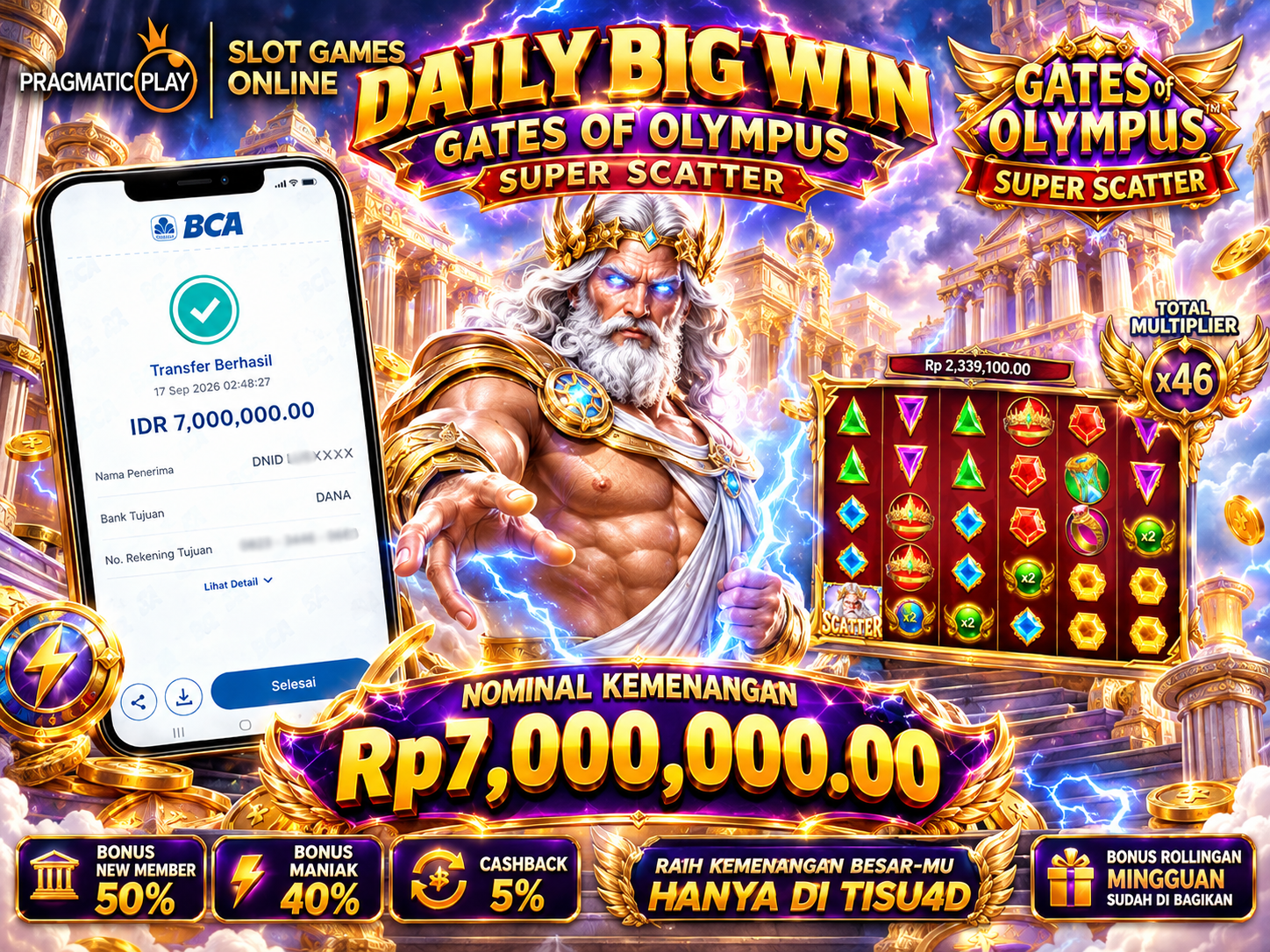 Petir Kakek Zeus Sambar Jackpot Rp 7.000.000! Daily Big Win Gates of Olympus Super Scatter!