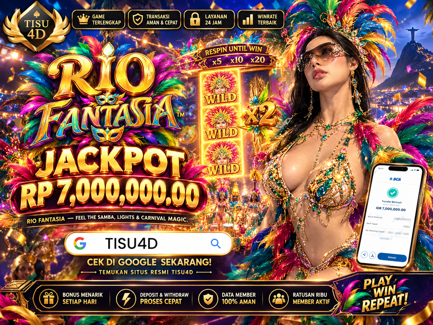 🎭✨ RIO FANTASIA — FEEL THE SAMBA, LIGHTS & CARNIVAL MAGIC! ✨🎭 💰 Jackpot hingga RP 7.000.000 dengan nuansa carnival Rio yang penuh warna, samba, feathers, dan kemeriahan! 🦚💎🔥  🌟 Rasakan sensasi